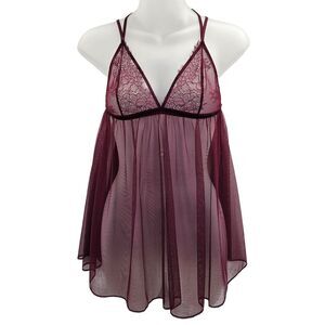 Victoria's Secret Burgundy Sheer Mesh & Lace Babydoll Lingerie Chemise Small